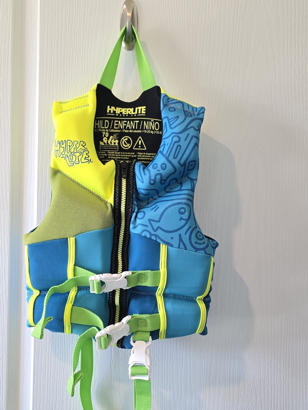 Hyperlite Kids' Blue & Neon Green Neoprene Life Vest 33-55lb